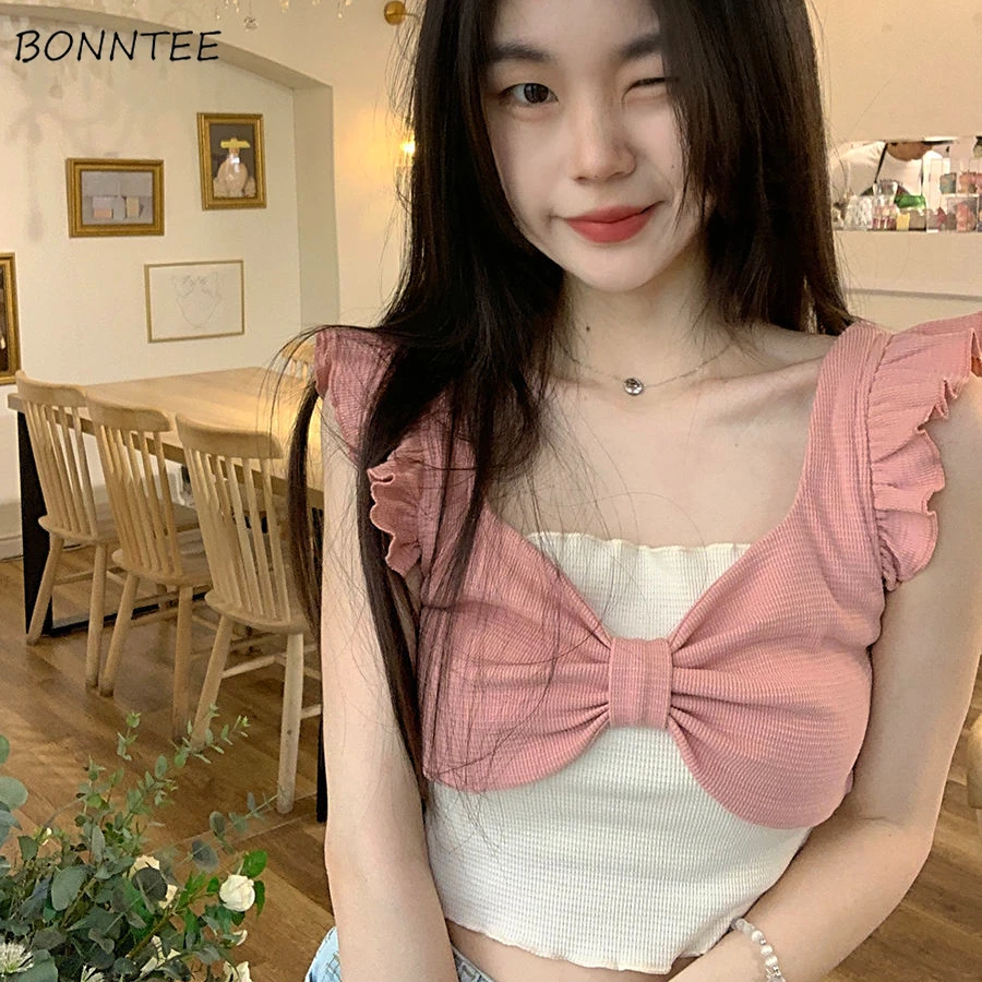 Tanks Women Fake 2 Pieces Pink Sweet Bow Slim Cropped Tops Summer Korean Style Age-reducing Ulzzang Tender Chic Stylish Daily