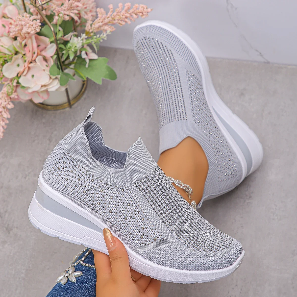 الخريف النساء حجر الراين أحذية رياضية موضة تنفس شبكة الانزلاق على أحذية رياضية مسطحة في الهواء الطلق أسافين عادية أحذية فلكنيز النساء #6
