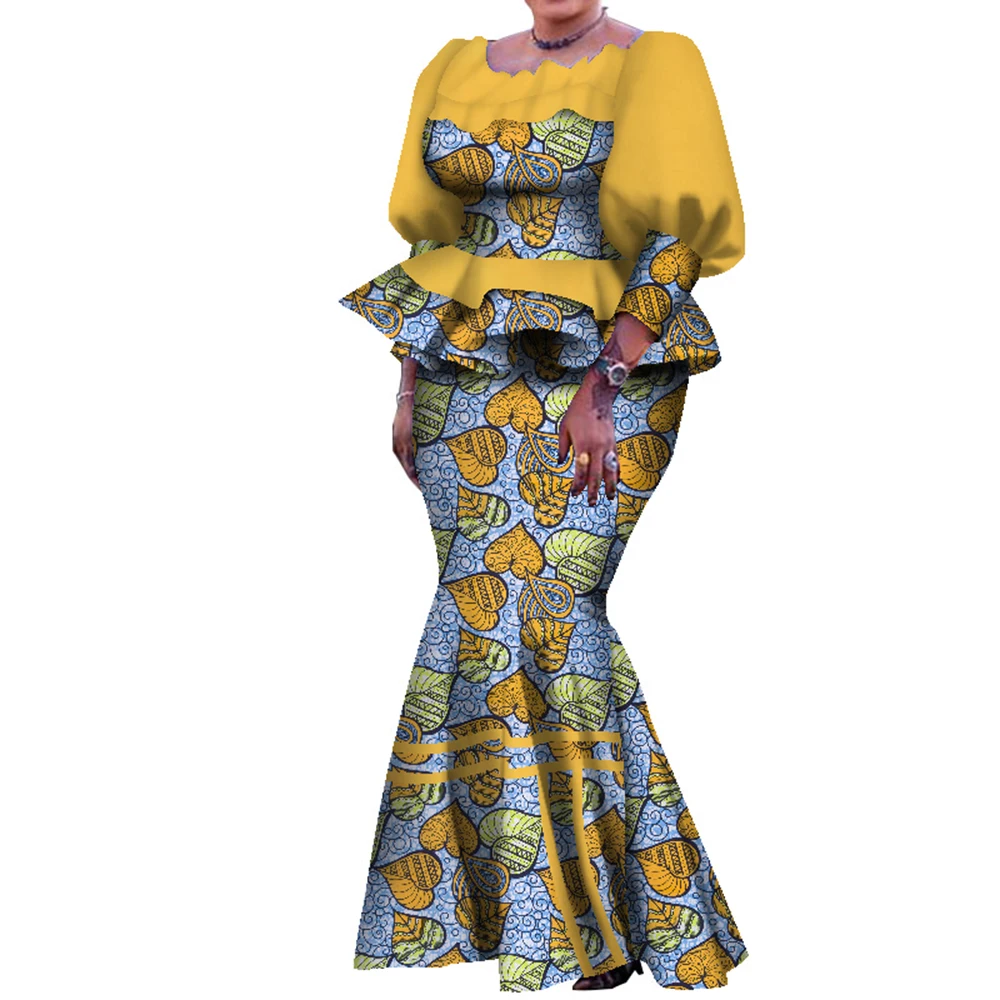 Traje de falda tradicional africana para mujer, Top plisado y falda hasta el tobillo, conjunto de falda femenina de talla grande para otoño WY7907