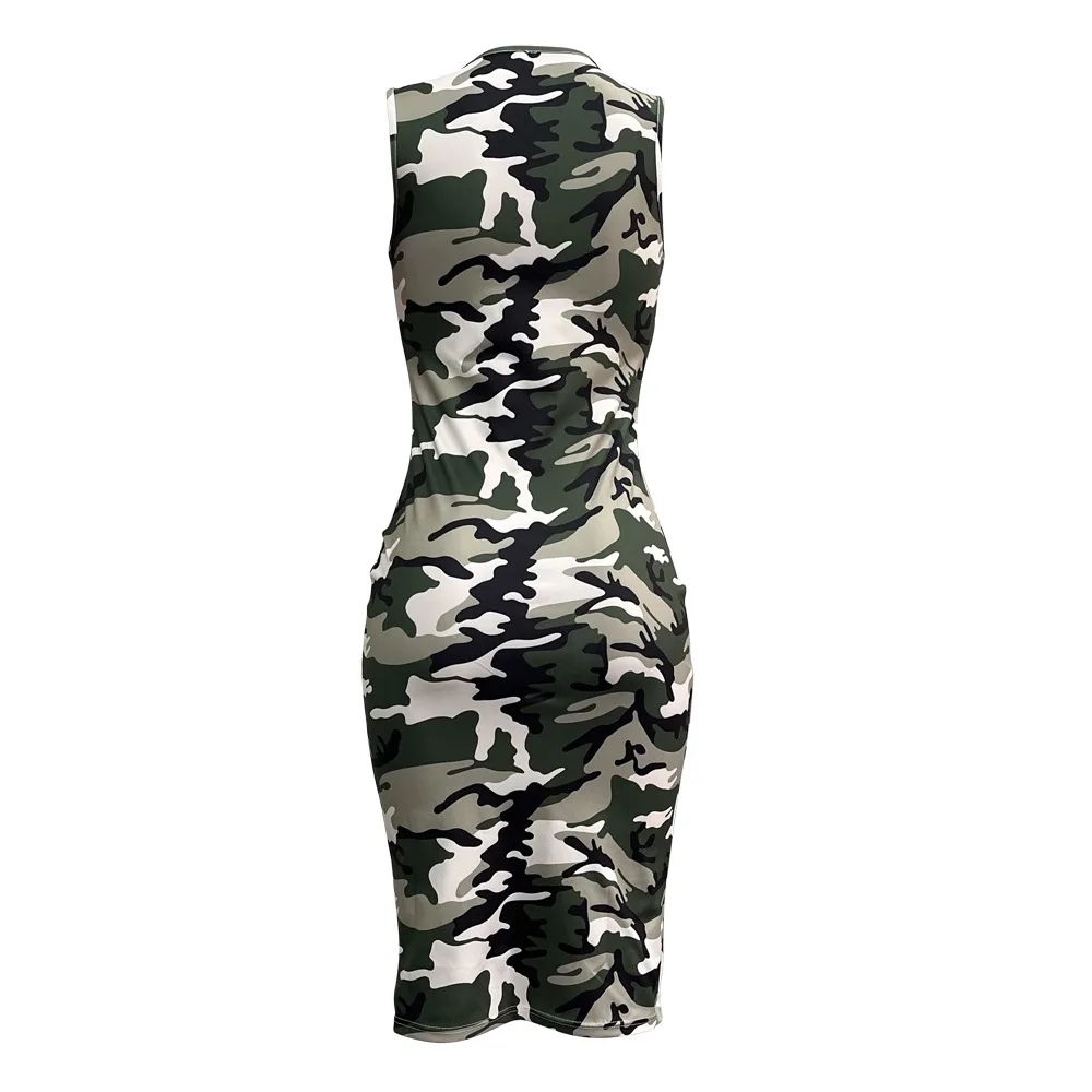 Vestidos femininos vestido estampado camo em torno do pescoço na altura do joelho sem mangas cintura cinched leve estiramento fino ajuste casual escritório 2025 verão