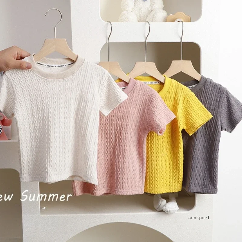 

Summer Children's Round Neck T-Shirts Fashion Knitted T-shirt Girls Breathable Top for Boys Casual Thin Short Sleeve Tops