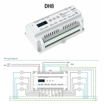 DH8(DT7) Din rail 8CH*16A DALI & DMX RDM 8 channel relay unit controller with numerical display DC100-240V for LED lamp lights