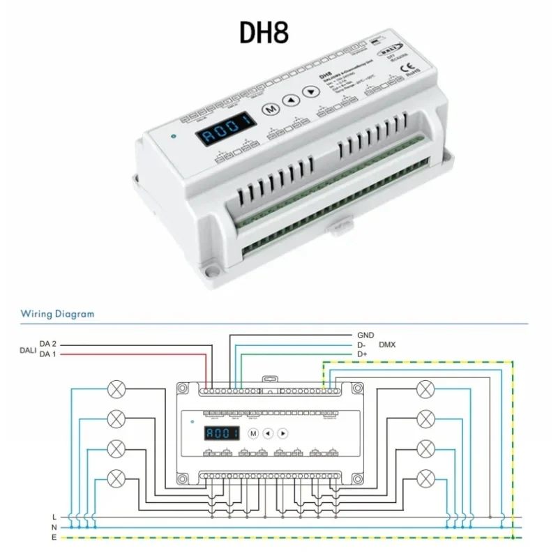 trilho din 8ch 16a dali e dmx rdm controlador de unidade de rele de canais display numerico dc100240v para luzes de lampada led dh8 dt7 01