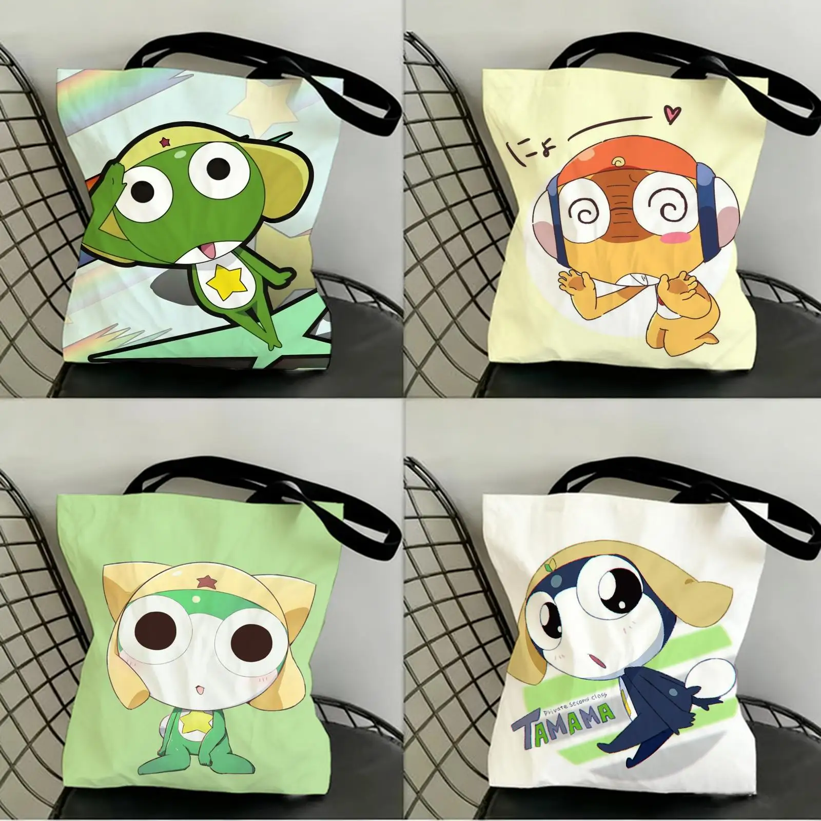 

K-Keroro G-Gunsou Frog Storage Bags Canvas Double-Sided Print Shopping Bag Large Capacity Aesthetic Reusable Tote Bag