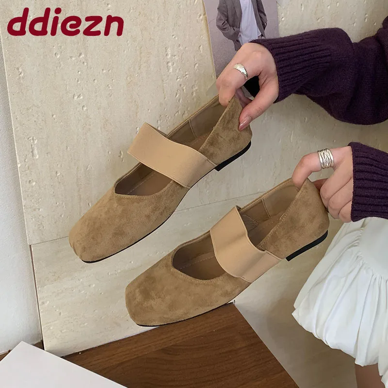 

2025 Fashion Elastic Band Ladies Mary Janes Flats Shoes Casual Female Square Toe Footwear Shallow Women Flats Slip On Shoes