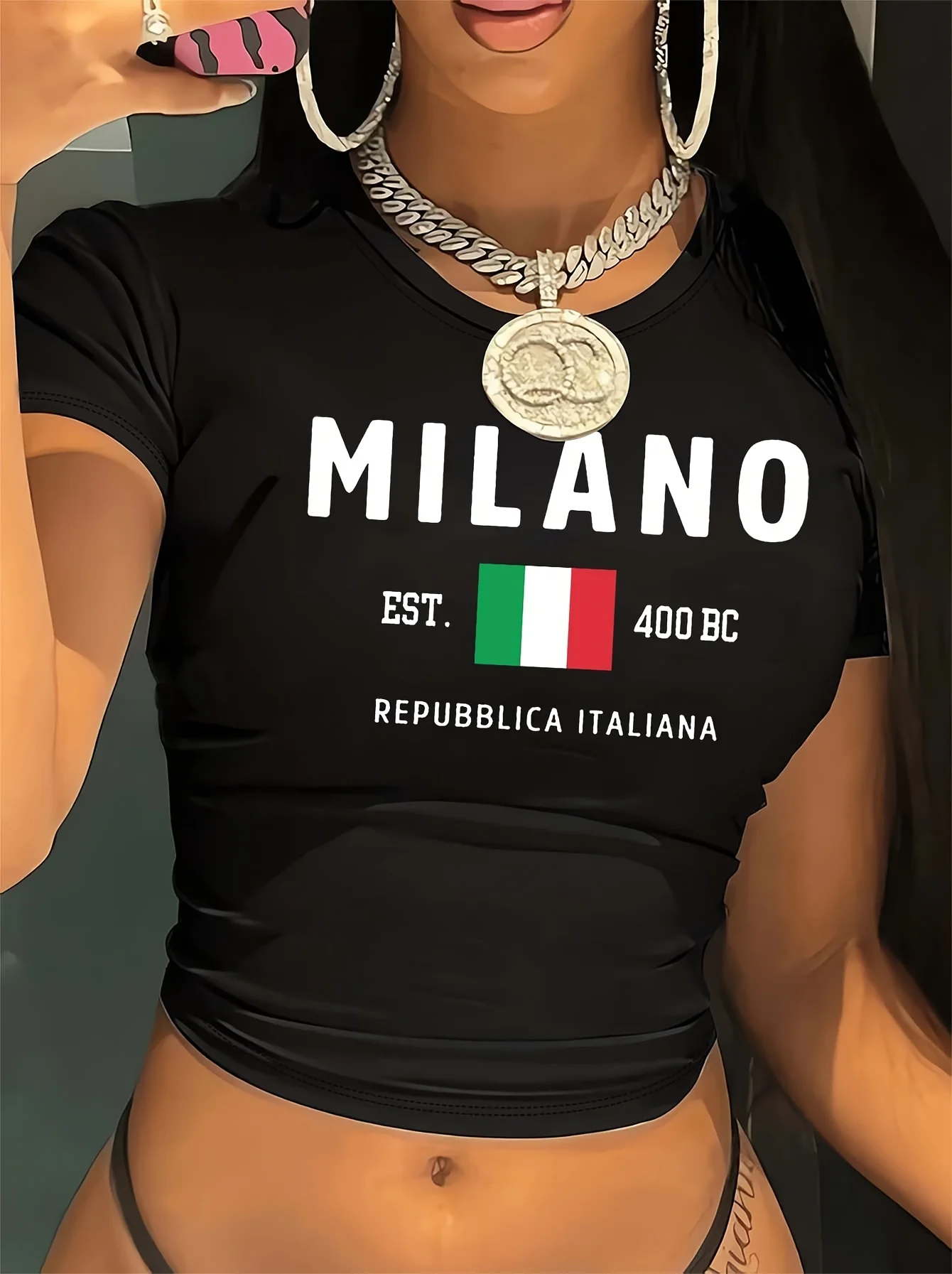 Camiseta con cuello redondo y estampado de bandera de Milán, camiseta corta informal de manga corta para primavera y verano, ropa de mujer