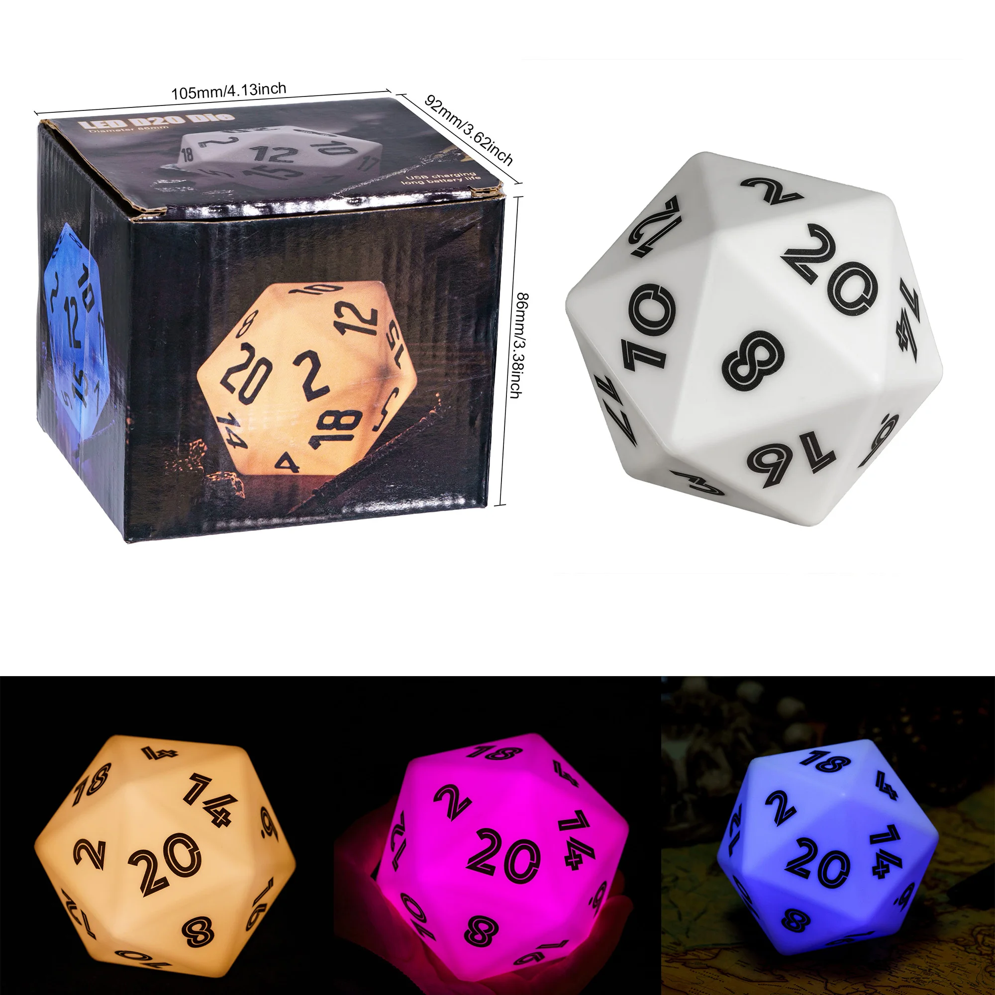 Electronic Polyhedral Dice for Role Playing Game, USB Rechargeable, 20 Sides, Variable, 3-Color, LED, D20, Pathfinder Gift, 86mm