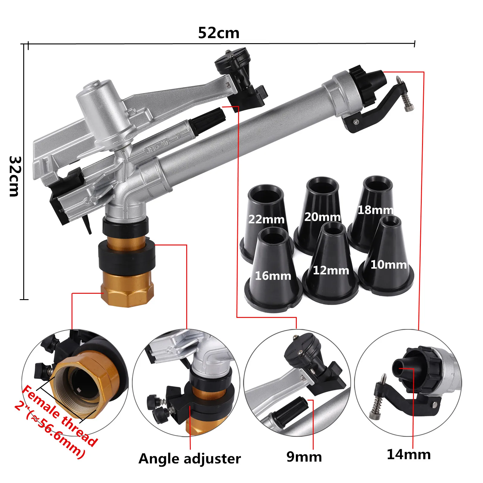 2 Inch Rocker Impact Sprinkler Gun Long Distance Watering Gun Farmland Lawn Orchard 360 Degree Automatic Irrigation Rain Gun