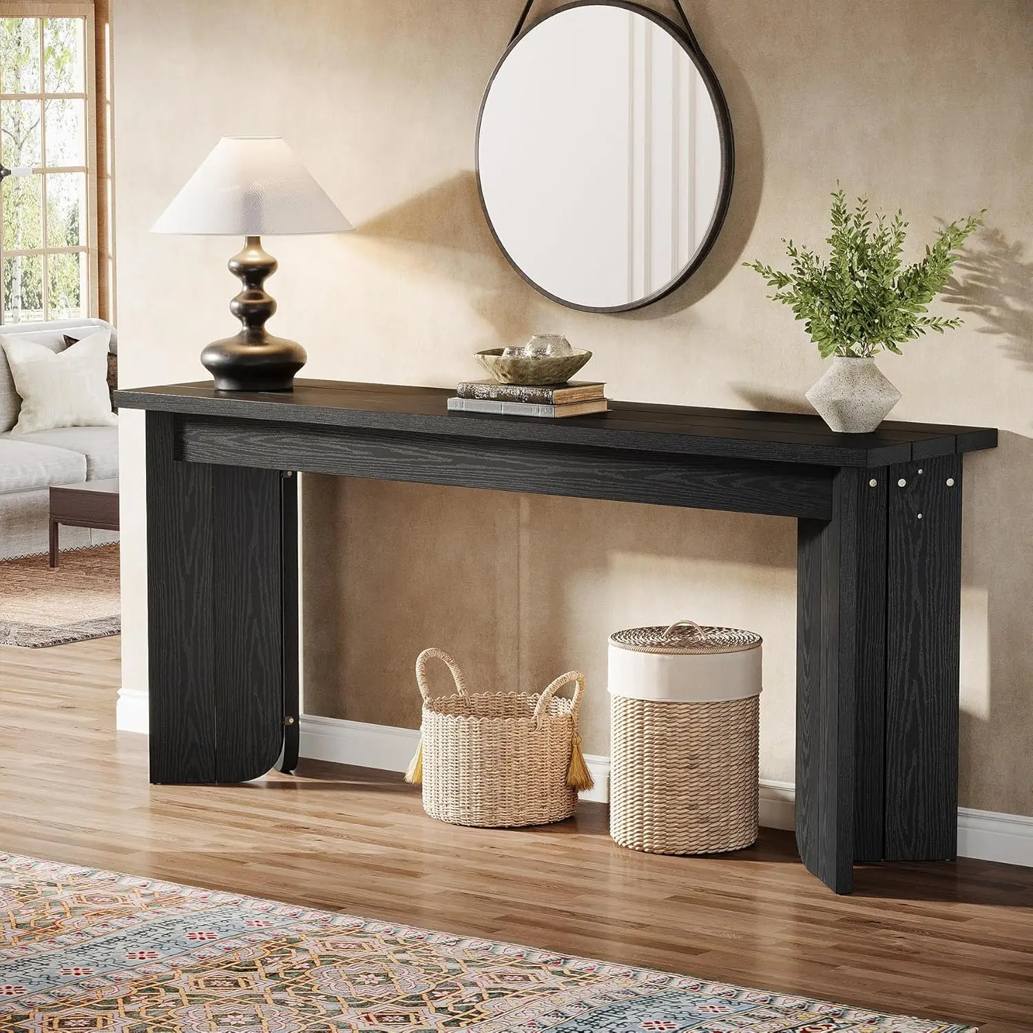 

70.9" Extra Long Console Table Farmhouse Entryway Accent Sturdy Double Pedestal Living Room Black, Customized