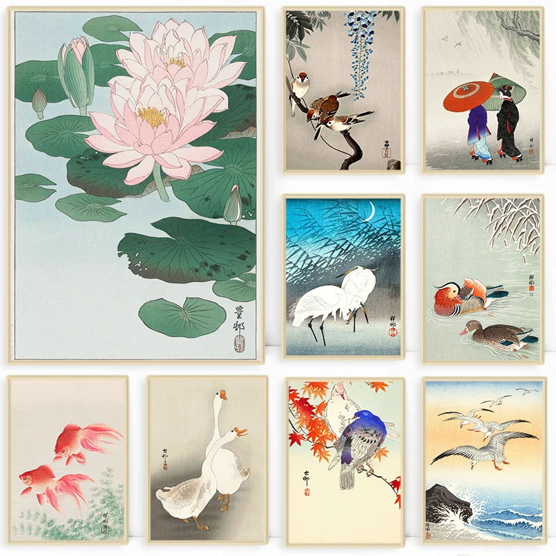 Ohara Koson Japón ukiyo-e paisaje lienzo impresión pez dorado loto búho grúa Animal pared arte cartel para sala de estar decoración del hogar regalo