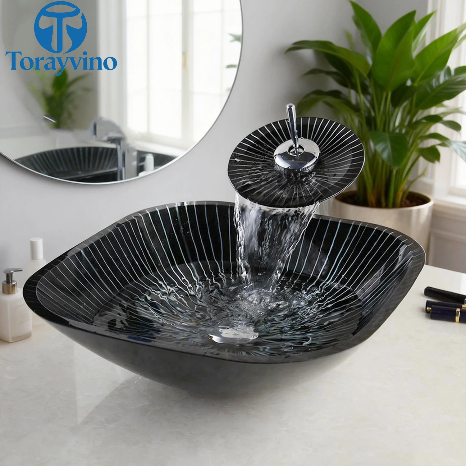 Torayvino Bathroom sink set 4 shapes Glass Hand Painted wash basin single hole deck mount Waterfall faucet Cold & Hot  Mixer tap