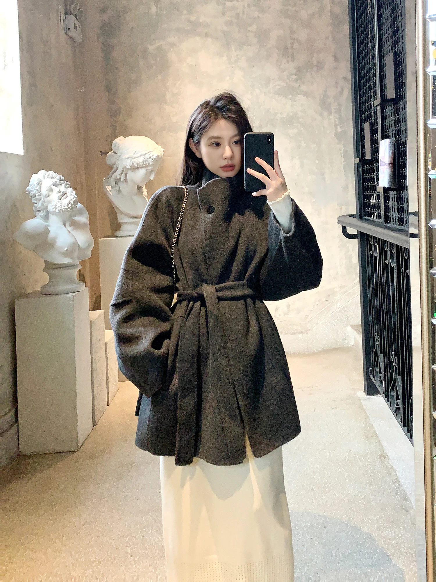 

Withmxboom ey Home 00 Woolen Mid-Length Stand Collar Tweed Coat Women Ele Loose Slimming Coat Vintage Sle Long Sve