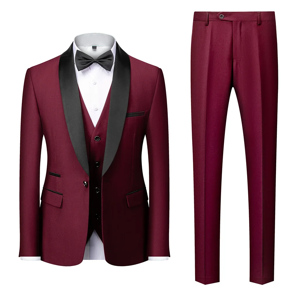 93 Men's Suit Three-piece Green Collar Groom Wedding Suit Men's Slim Wine Red Groomsman Suit Wedding Dress