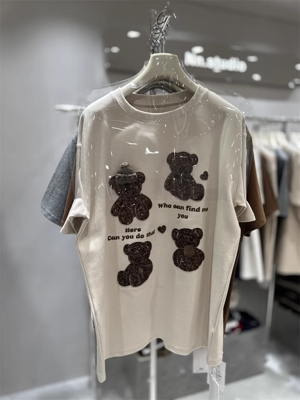 High-quality Embroidery Bear Short-sleeve Shirt  Thick Pure Cotton Brushed Loose Short-sleeve T-shirt Women