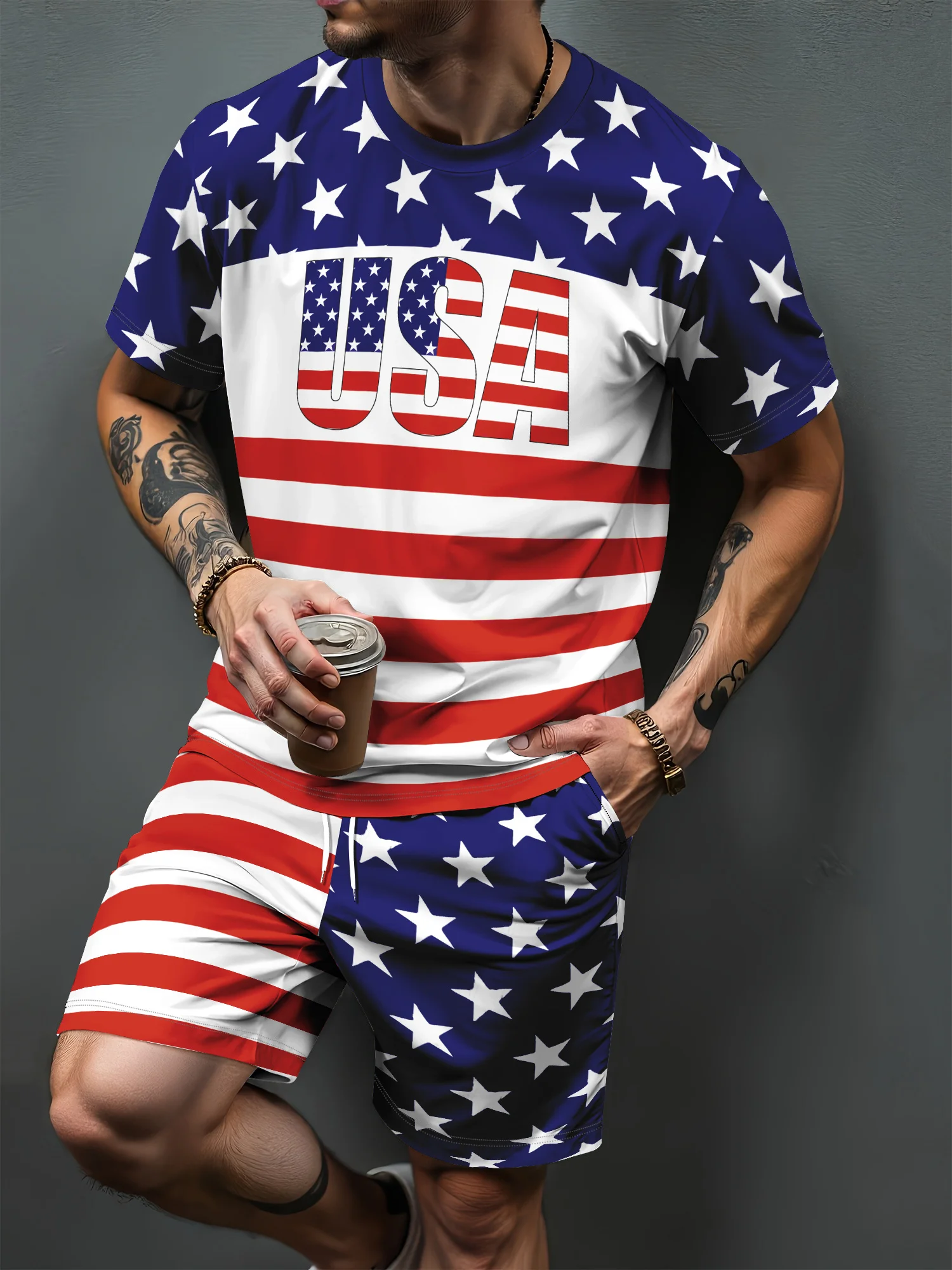 2026 Summer Fashion Men's Wear Men's 3D Printed Short-Sleeve Set Outdoor Casual T-Shirt & Drawstring Shorts Two-Piece Set