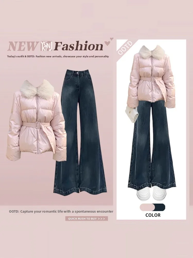 

Warm Casual Winter Set Women Loose Slimming Waistcoat Collar Cotton Coat Wide Leg Jeans Two Piece Set Autumn Winter Faion