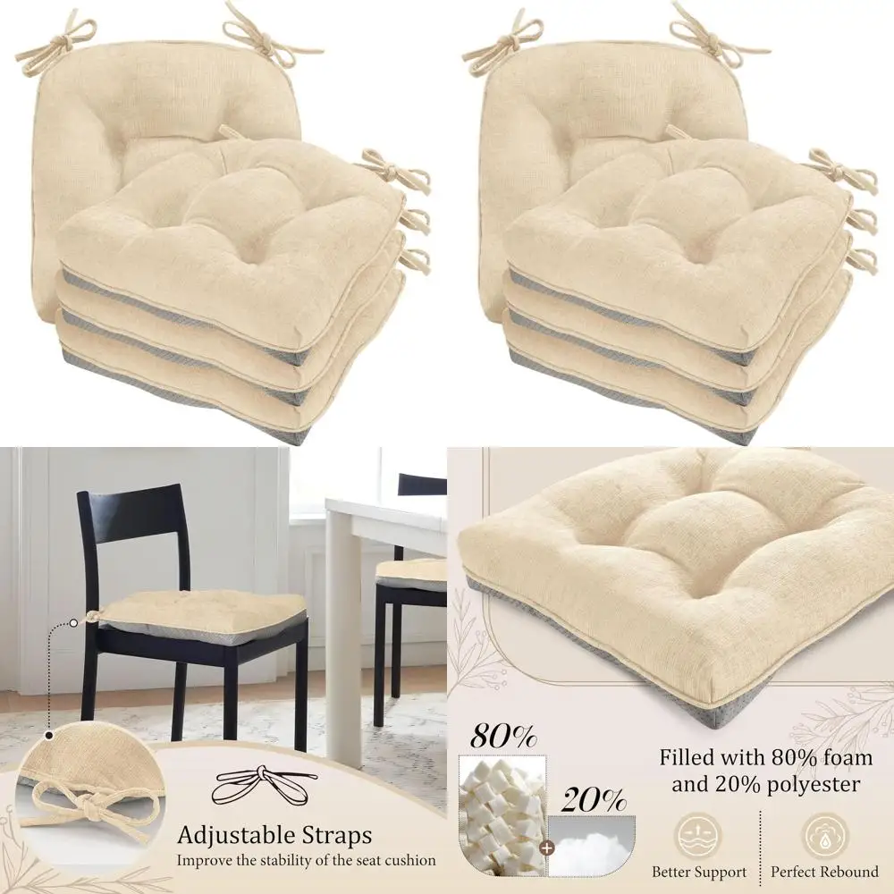 وسائد كرسي طعام عاجية، 17 × 17، غير قابلة للانزلاق مع ربطات عنق، مجموعة من 4 قطع لغرف الطعام الداخلية #1