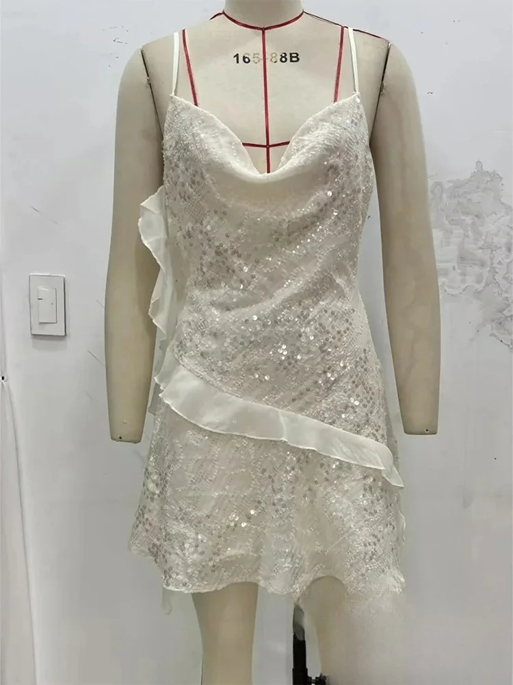 KONDALA Casual Chic Women Dress Solid Cami Backless Sequined Tierred Mini Short Dress New Fashion 2025 Summer Club Slim Dress