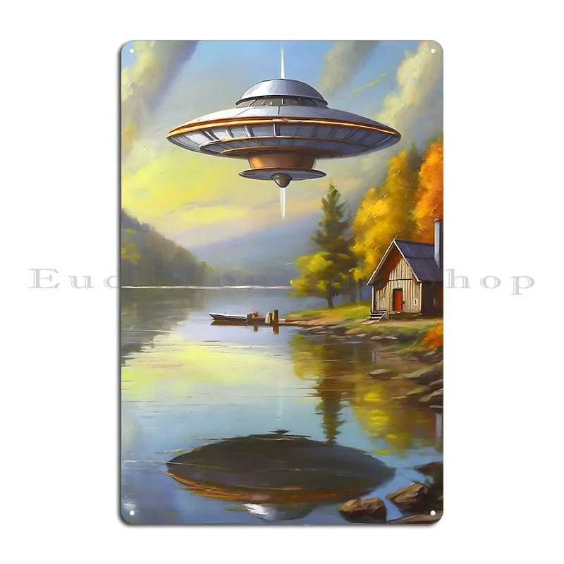 Ufo Over Lake Painting 9 Metal Plaque Poster Party Plates Retro Print Create Kitchen Tin Sign Poster