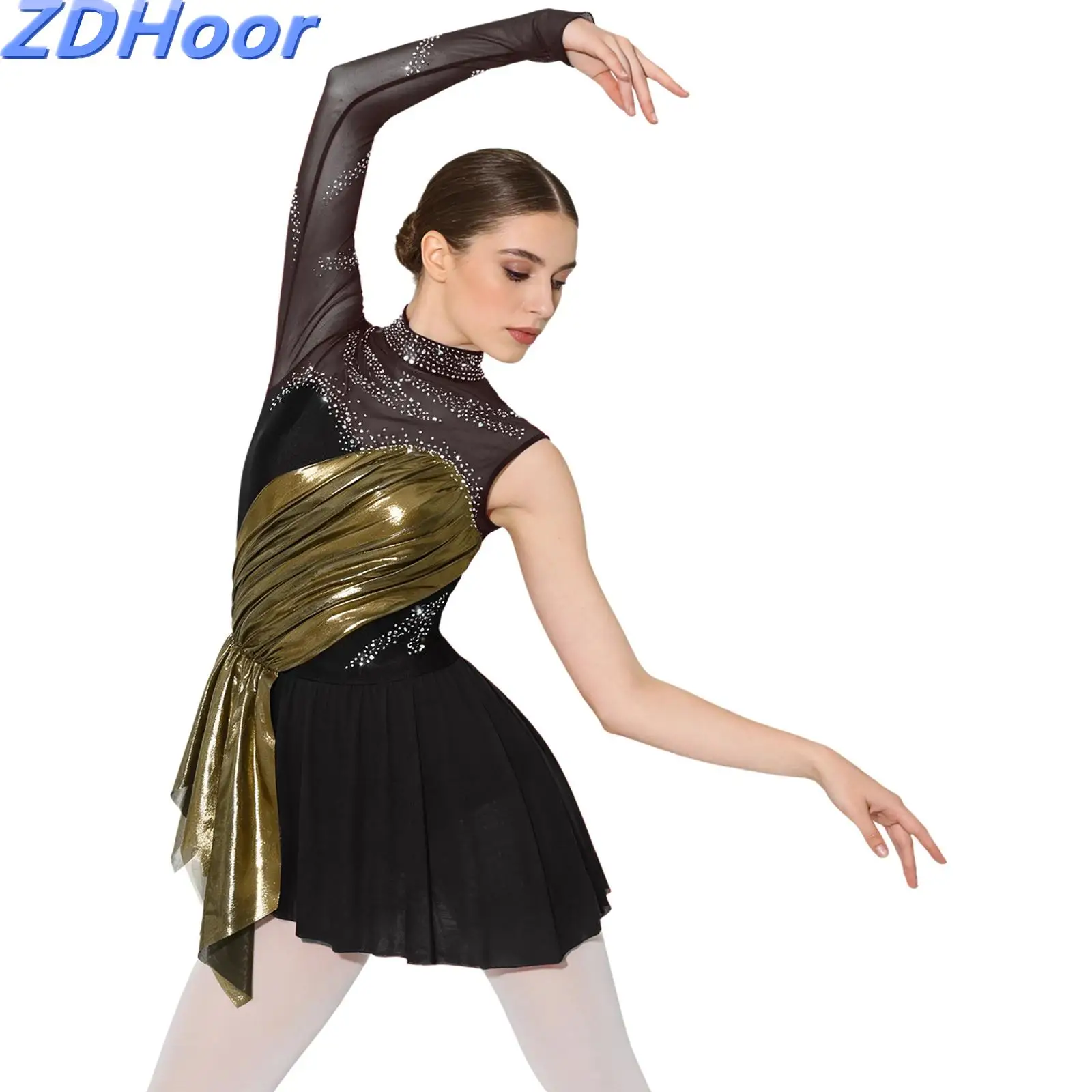 

Women Figure Skating Dance Dress Long Sleeve Keyhole Back Metallic Ruched Ruffles Color Block Patchwork Rhinestone Dress