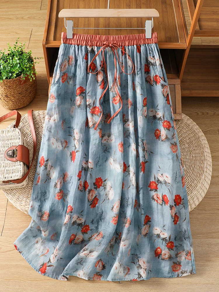 

Summer New plus Size Women's Cotton Linen A-Line Skirt High Waist Printed Loose Fit Casual Shape Pear Shape Straight Skirt