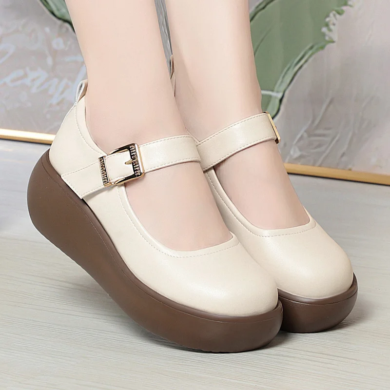 

Spring Fashion Wedge Round Toe Soft Bottom Lolita Shoes Women Cute Vintage Mary Jane Shoes Chunky College Student Shoes