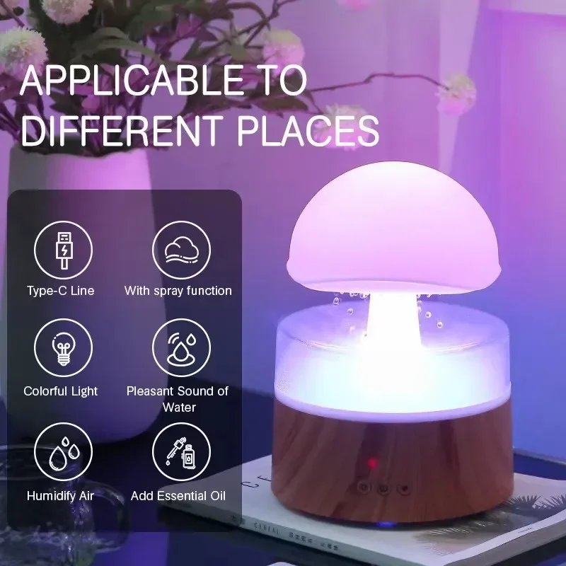 Mini Mushroom Air Humidifier Wireless Fragrance Diffuser Bedroom Essential Oils Diffuser Rain Cloud Night Light Home Appliance