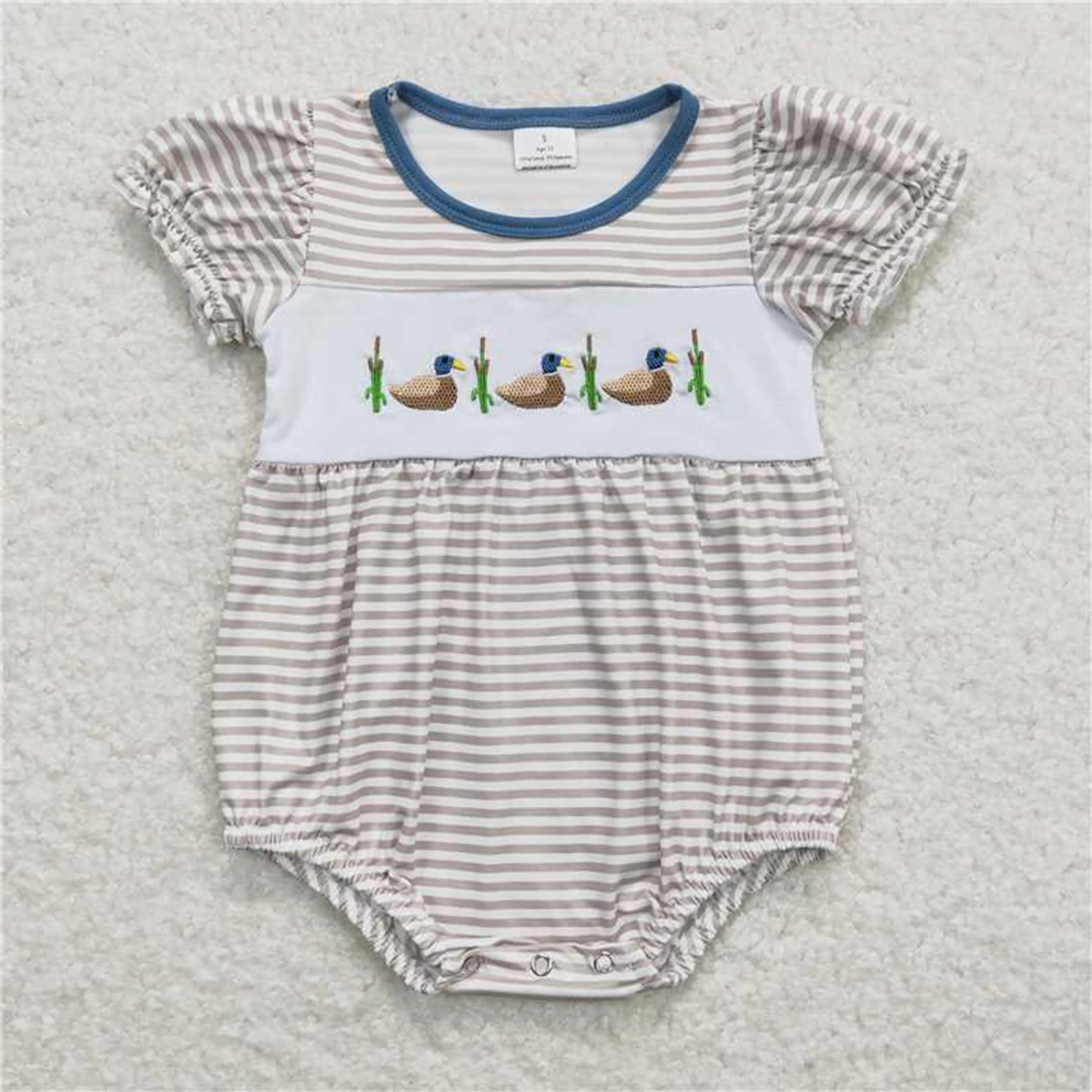 Wholesale Baby Boy Girl Toddler Embroidery Ducks Plaid Romper Newborn Coverall Bodysuit Kids Short Sleeves Buttons One-piece