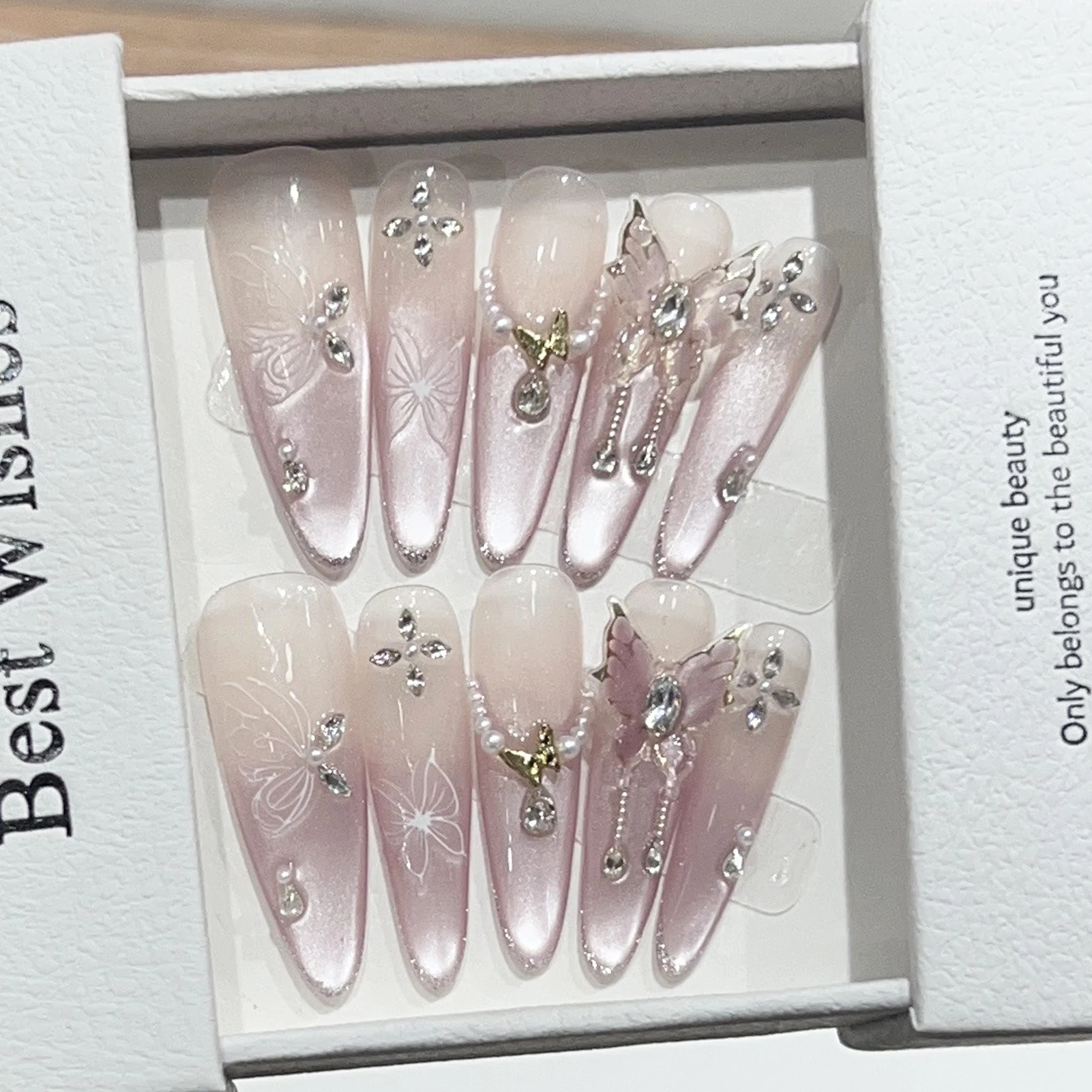10 pçs rosa olho de gato estilo francês imprensa em unhas borboleta strass decoração amêndoa artesanal unhas falsas encantadores dicas de unhas falsas