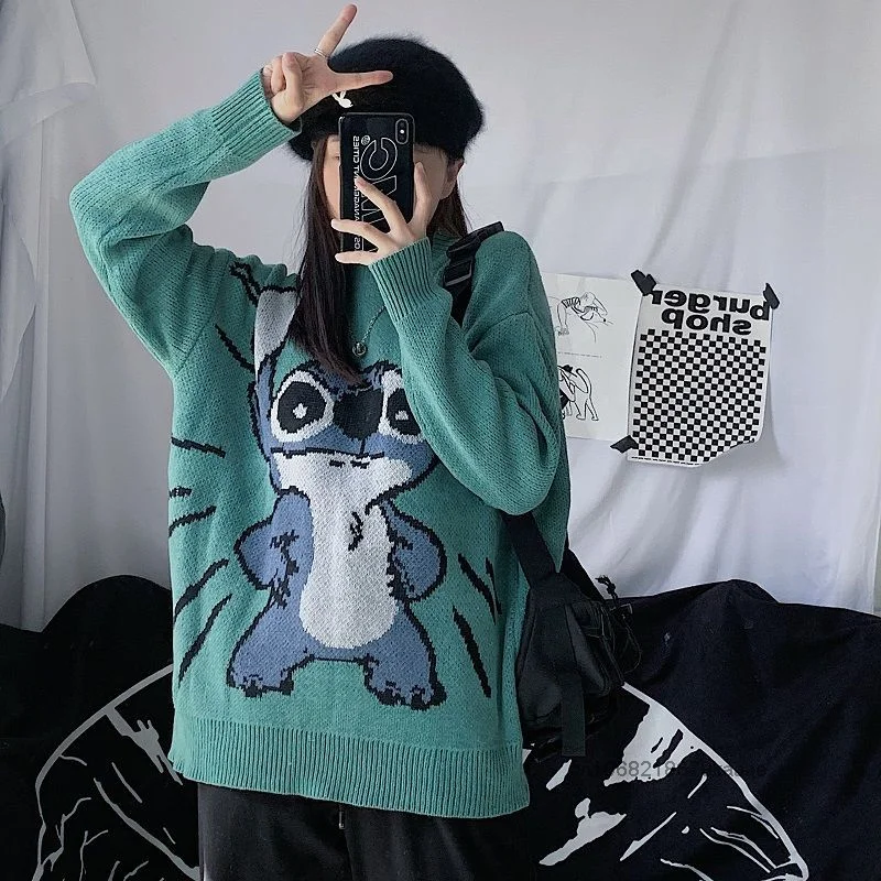 Disney Stitch Autumn Winter Cartoon Round Neck Sweater Women Harajuku Korean Style Knitwear Sweet Y2k Girl Loose Casual Sweater