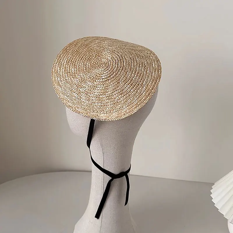 New One Piece French Elegant Strap Natural Straw Fadora Hat For Woman Summer Vintage Photo Runway Vacation Hat With Black Ribbon