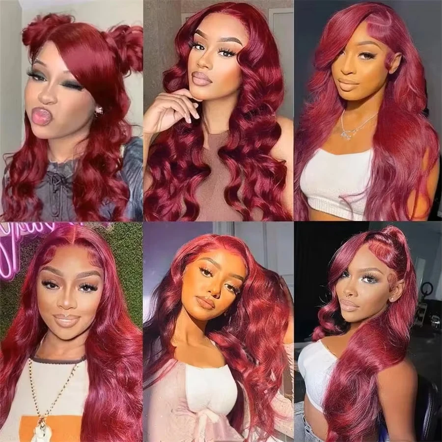 99J Wig Rambut Manusia Renda Depan 13X6 Gelombang Tubuh 200 Kepadatan Telah Dipetik Berwarna Merah Marun 13X4 Hd Wig Renda Depan untuk Wanita