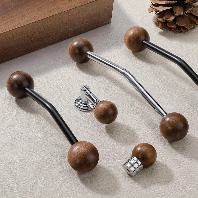 Solid Walnut Cabinet Handles Creative Wooden Wardrobe Pulls Black Silver Kitchen Cupboard Door Handles Kitchen Accessories