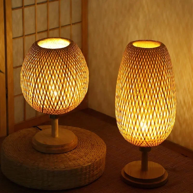 Chinese Stijl Handgemaakte Moderne Nieuwe Bamboe Rotan Creatieve Handgemaakte Bamboe Rieten Rotan Schaduw Tafel Licht Kamer Bar Leven Bed