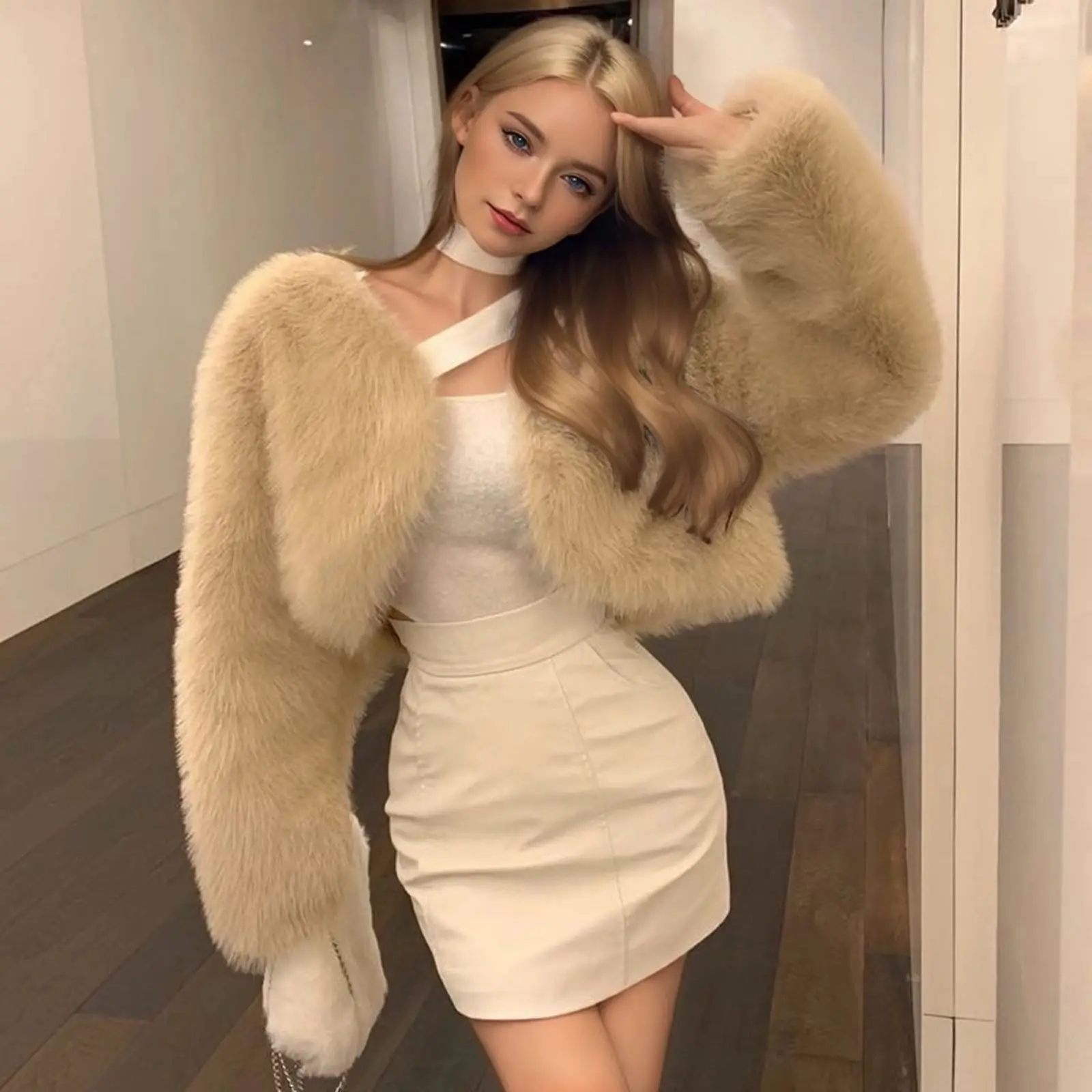 Elegant Women Cropped Faux Fur Coat Furry Cardigan Party Club Tops Autumn Winter Sexy V-neck Short Fluffy Jacket Women Clothing