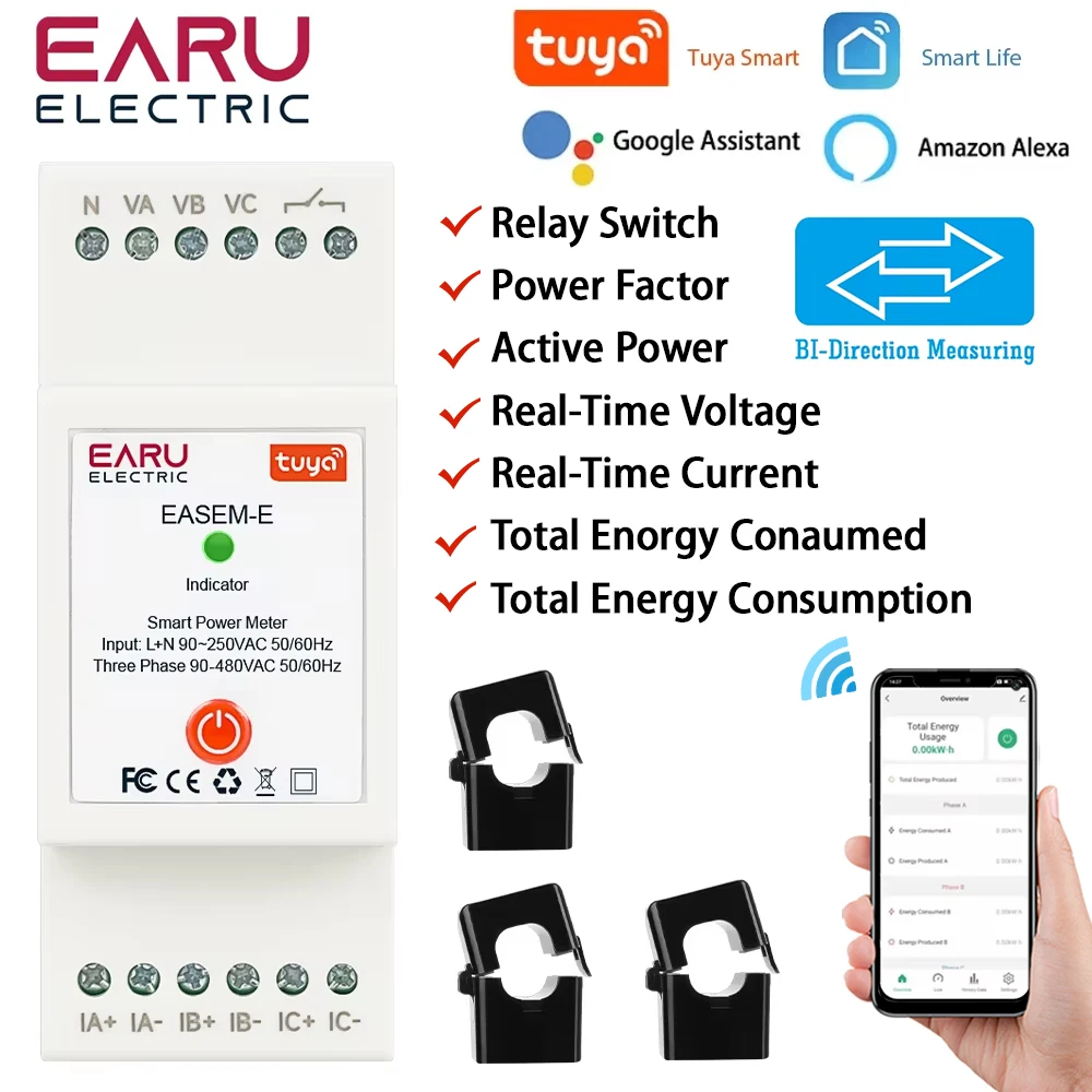 

TUYA WiFi Smart Three Phase AC90-480V Bi-Directional Measurement Power Energy kWh Meter Monitor with 3PCS CT Clamps Switch Relay