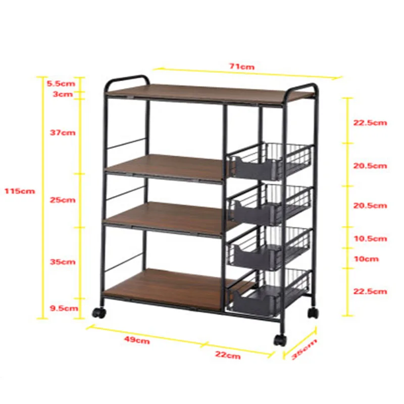 Kitchen Cart Kitchen floor type Rack Multi-layer Storage Stand four layer Household Vintage Utility Shelf with 4 Wheel