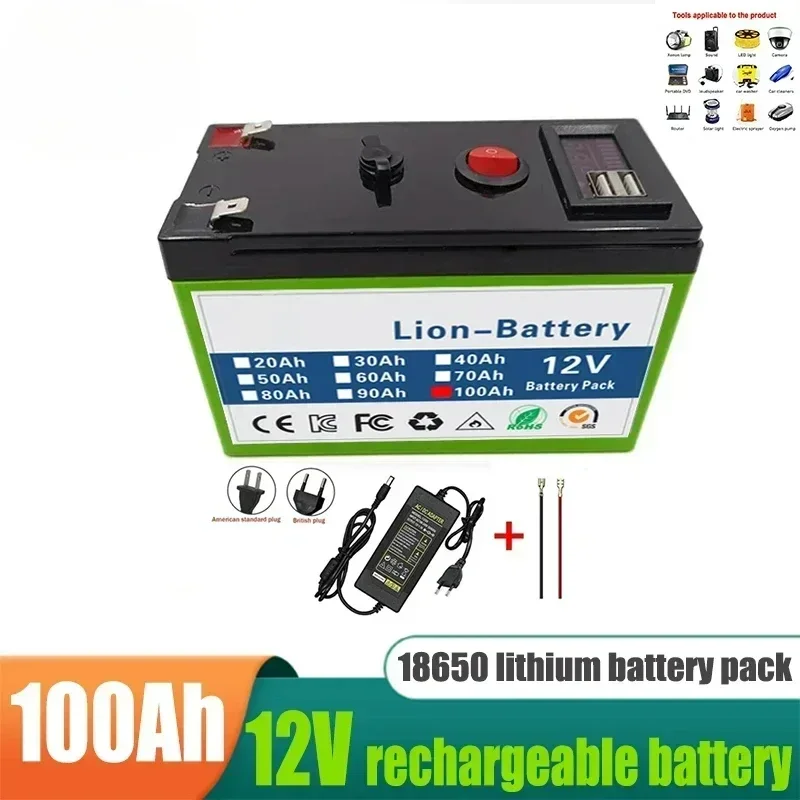 12V Battery 100Ah 18650 Lithium Battery Pack Rechargeable Battery for Solar Energy Electric Vehicle Battery+12.6V 3A Charger