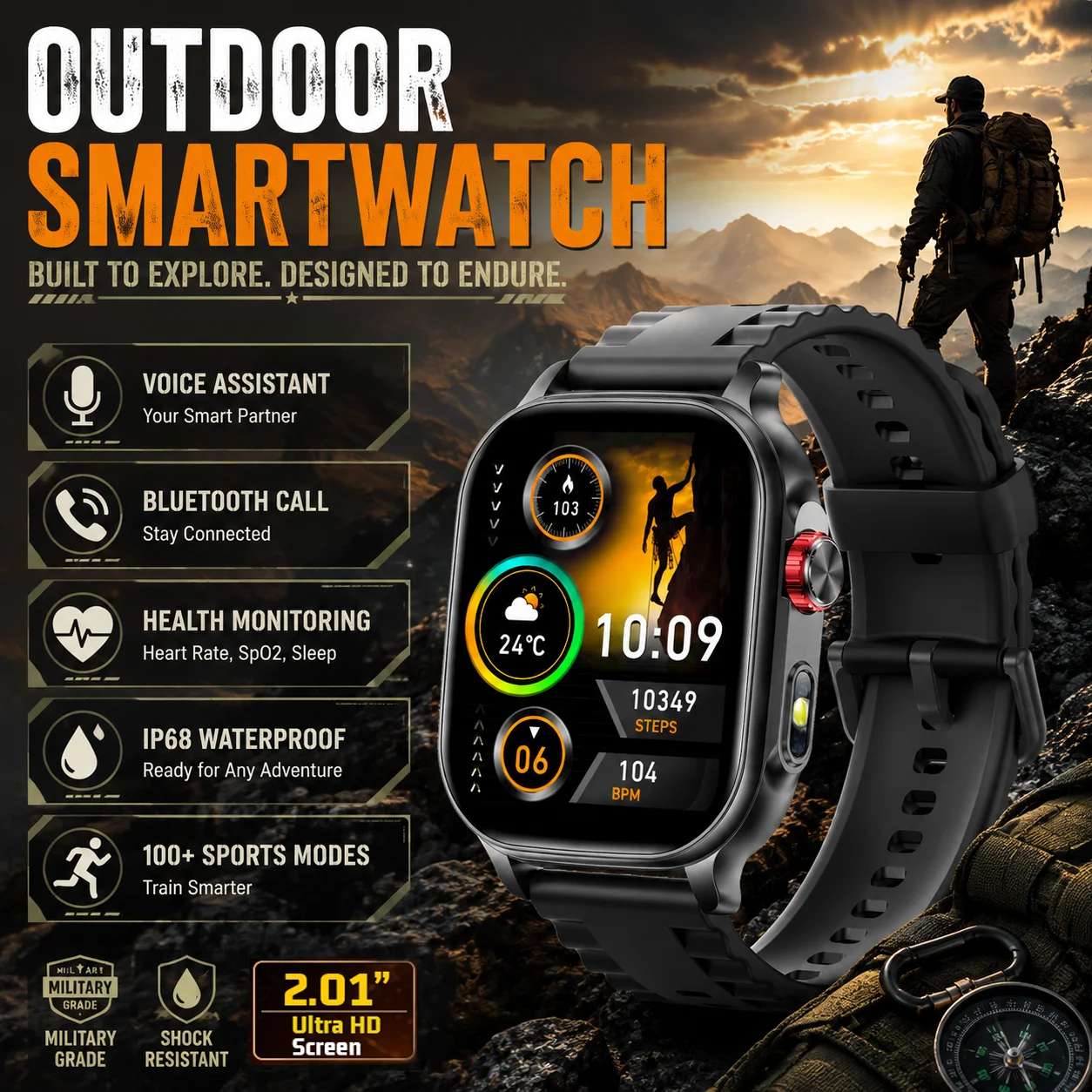 2026 TANK Ultra 1400mAh Battery Military Smart Watch Men IP68 Waterproof Heart Rate LED Flashlight Sports Smartwatch For Men