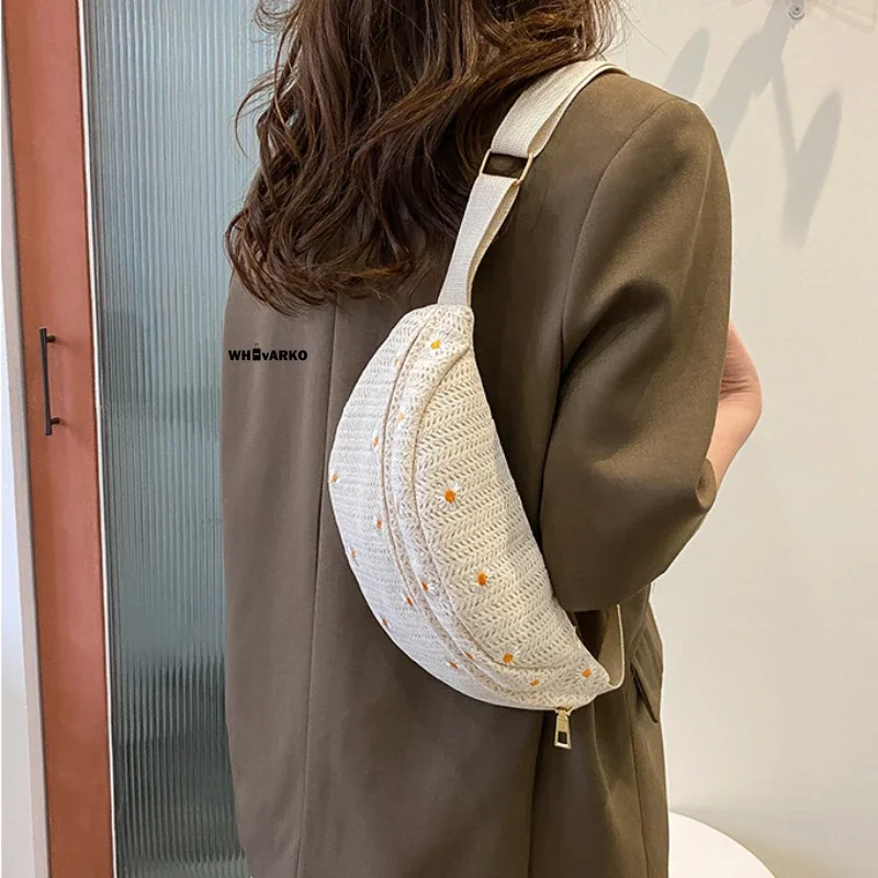 Riñonera tejida de paja para mujer, bolsos de hombro tipo bandolera, paquete de verano, bolso de pecho para mujer, bolsos de encaje con margaritas