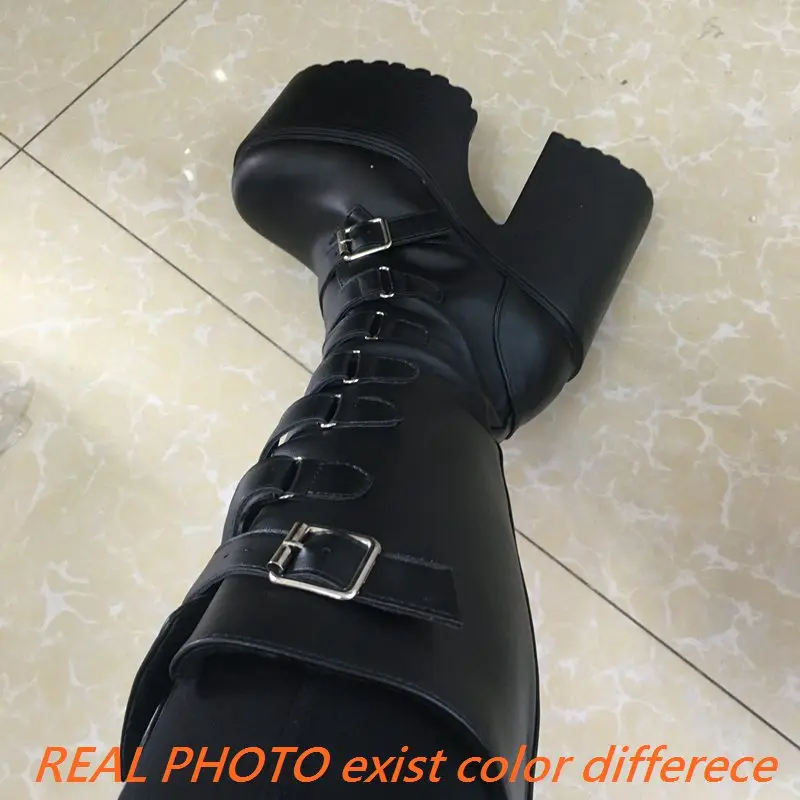 REAVE CAT Boots Women Knee-high Booties Round Toe Platform Hill 8cm Chunky Heel 14cm Belt Buckles Big Size 43