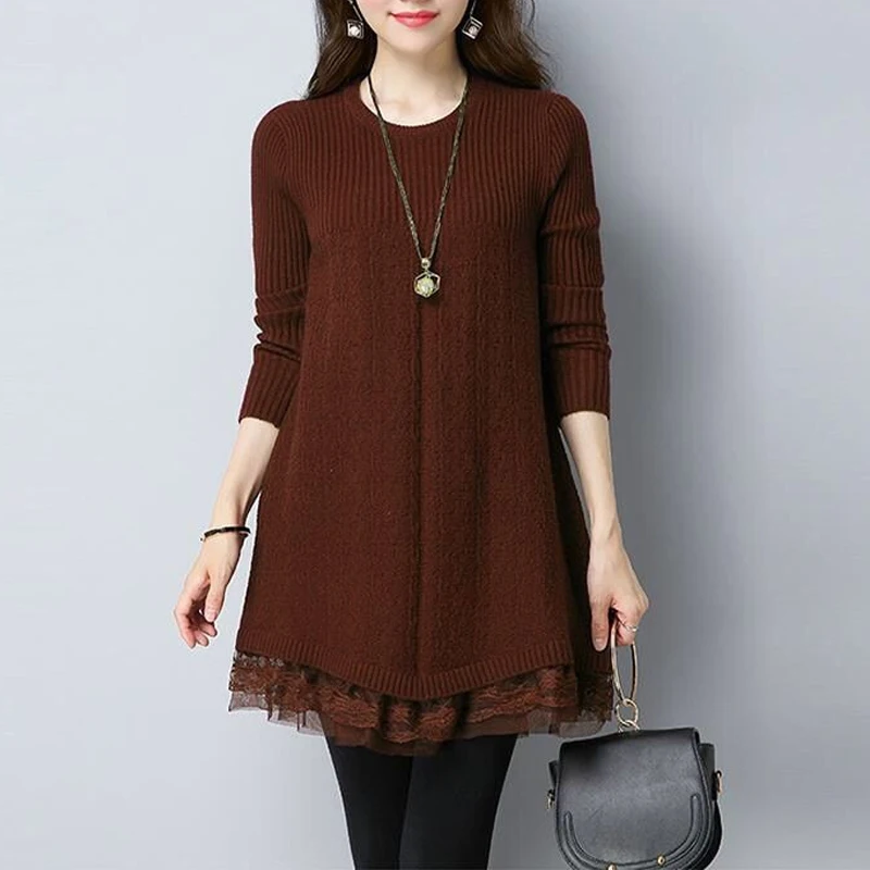 Autumn New Lace Patchwork Sweaters Solid Color Loose Long Sleeve O-neck Loose Knitting Pullovers Fashion Vintage Women Clothing