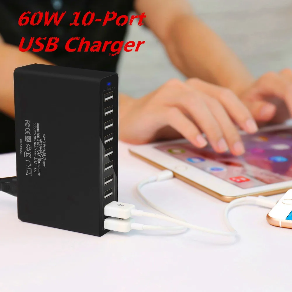 60W 10-port USB Charger Station Desktop USB Rapid Charger for Smart USB Charger for Multiple Devices Smart Phone Tablet Laptop