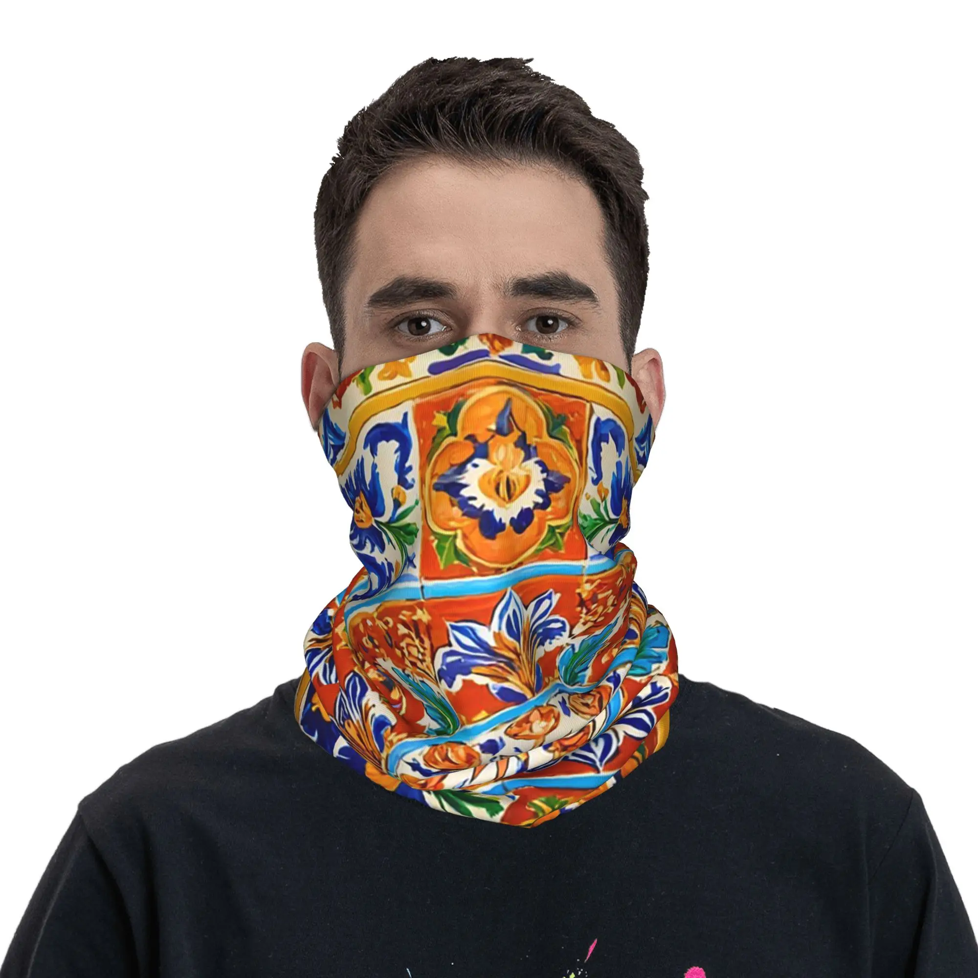 Sicilian Sicily Sun and Floral Pattern Bandana Neck Gaiter Printed Wrap Scarf Headband Cycling Unisex Adult Winter