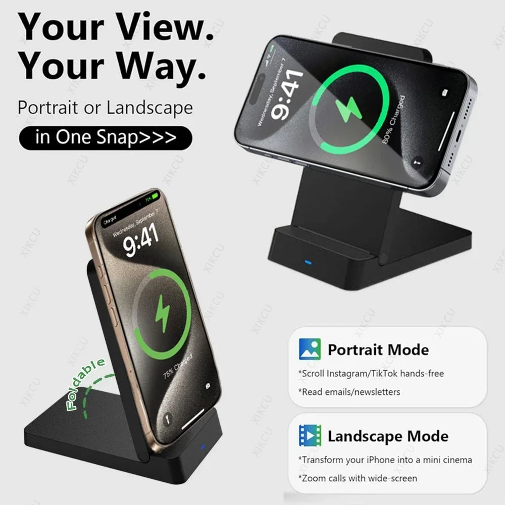 15W Magnetisches schnelles kabelloses Ladegerät, faltbare Handyhalterung für iPhone 17~12 Pro Max, schnelle Ladestation, Telefonhalter-Ständer – Detail 2