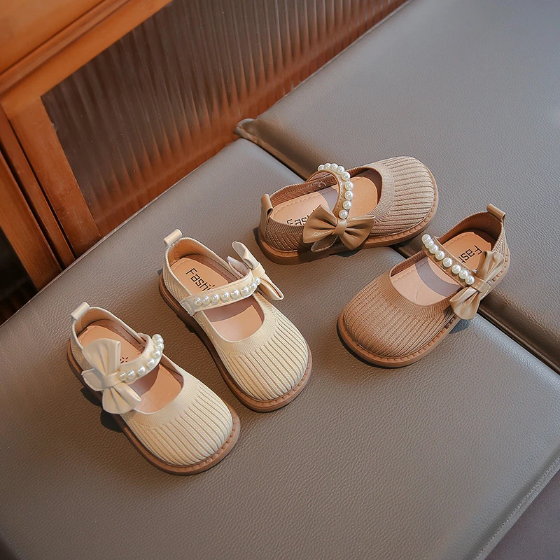 Toddler Girls Vertical‑Texture Mary Jane Shoes Pearl Bow Elastic Strap Soft Flat Princess Daily Shoes