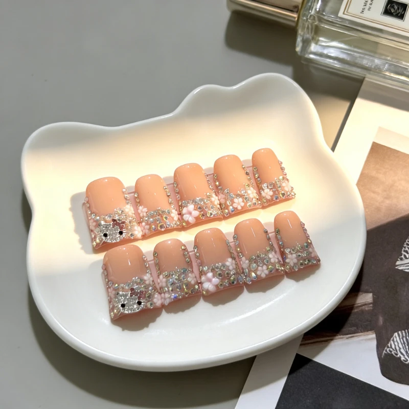 10개입 누드 프레스온 가짜 손톱 글리터 라인스톤 꽃 디자인 짧은 덕 프렌치 인조 손톱 탈부착 가능 달콤한 소녀용
