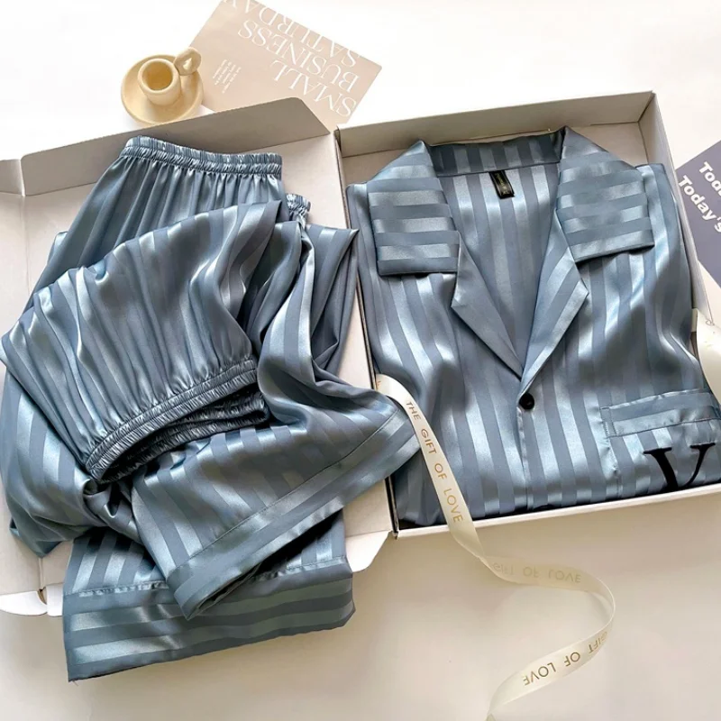 Spring Summer New Men 3PCS Pajamas Set Sleepwear Short Sleeve Trouser Suit Loungewear Loose Silk Satin Home Clothes Pijamas Suit