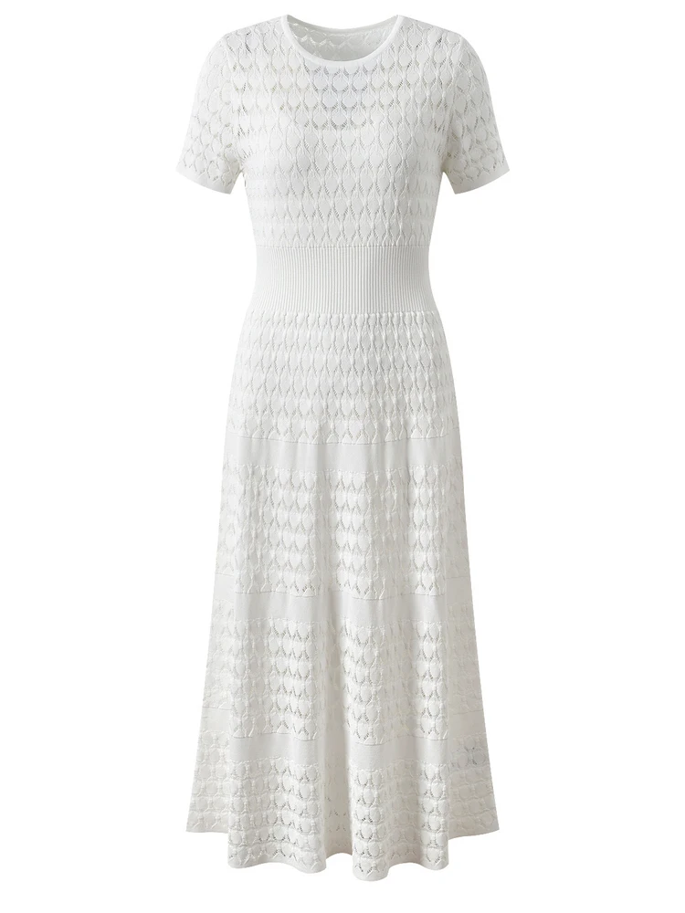 Ele High-End Gebreid Kant Ort-Slee Taille-Gesloten Dr Eenvoudig Woon-werkverkeer Romantisch Bloemenhaak Ontwerp Zomer Lang Dr