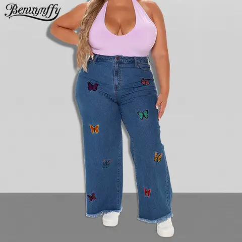 Benuynffy Retro Butterfly Embroidery Fringed Hem Jeans Women's Streetwear Loose High Waisted Straight Wide-leg Denim Trousers